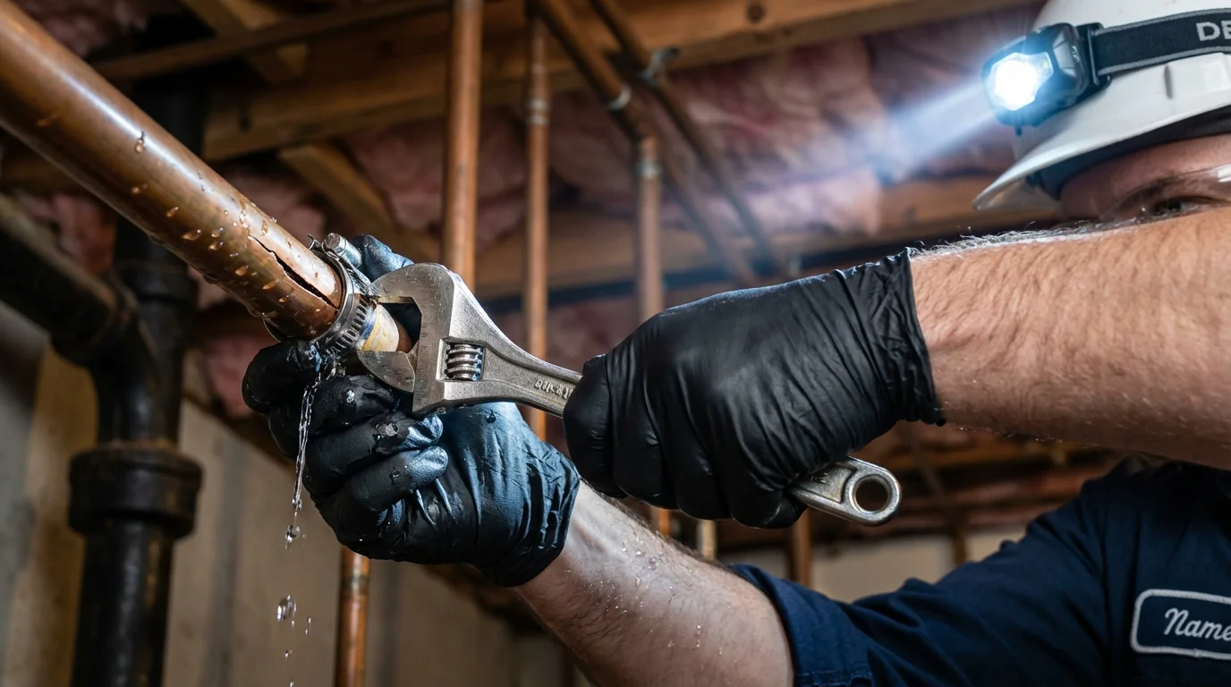 Emergency pipe clamp repair being performed by a Johns Plumbing LLC plumber in Delavan